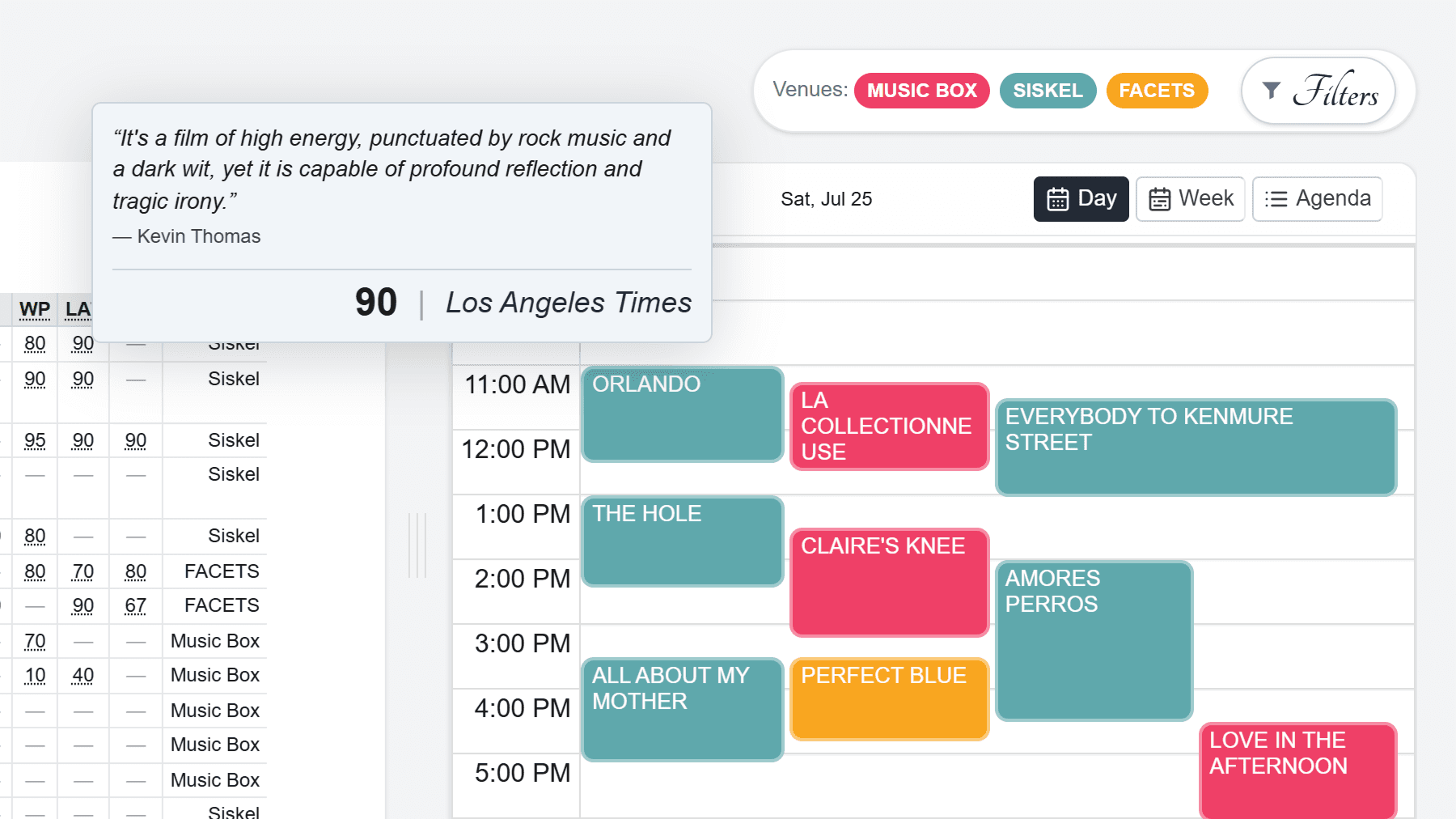 Preview of The Indie Cini screening calendar and application interface.