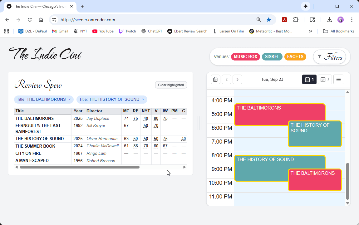 Through a highlighting feature, two movies' screenings are isolated in the calendar.